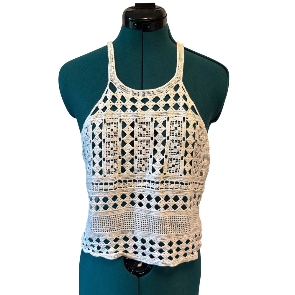 Elodie Crochet Tank Top White Open Knit Womens M Coastal Cowgirl Boho Festival